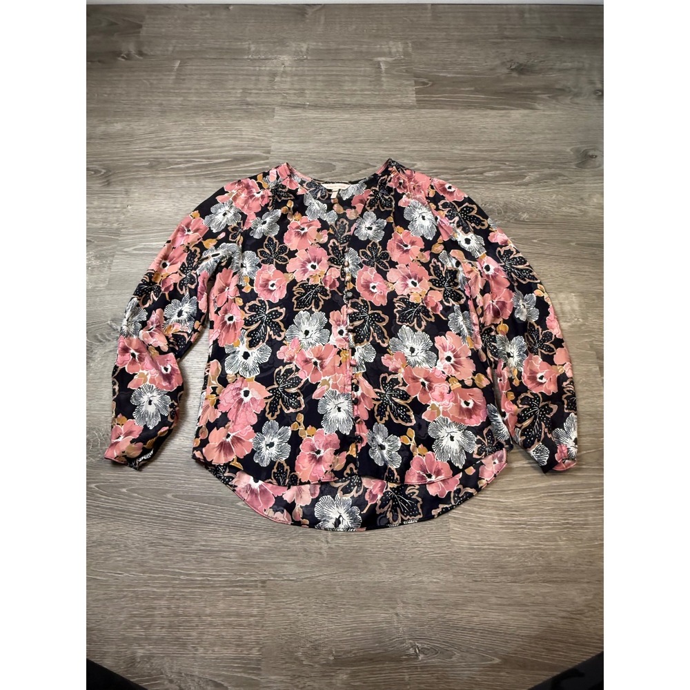 Rebecca Taylor Silk Blend Floral Button Front Blouse Navy Pink Size 6